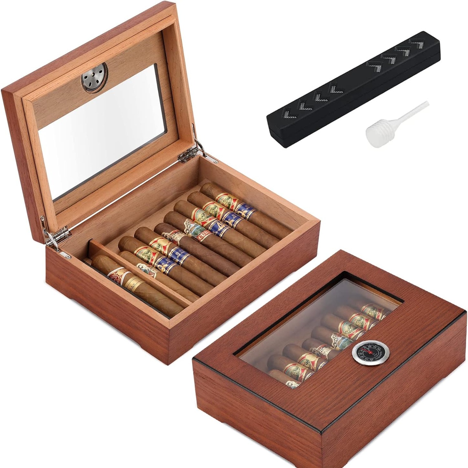 A glass top Spanish cedar humidor with the lid open